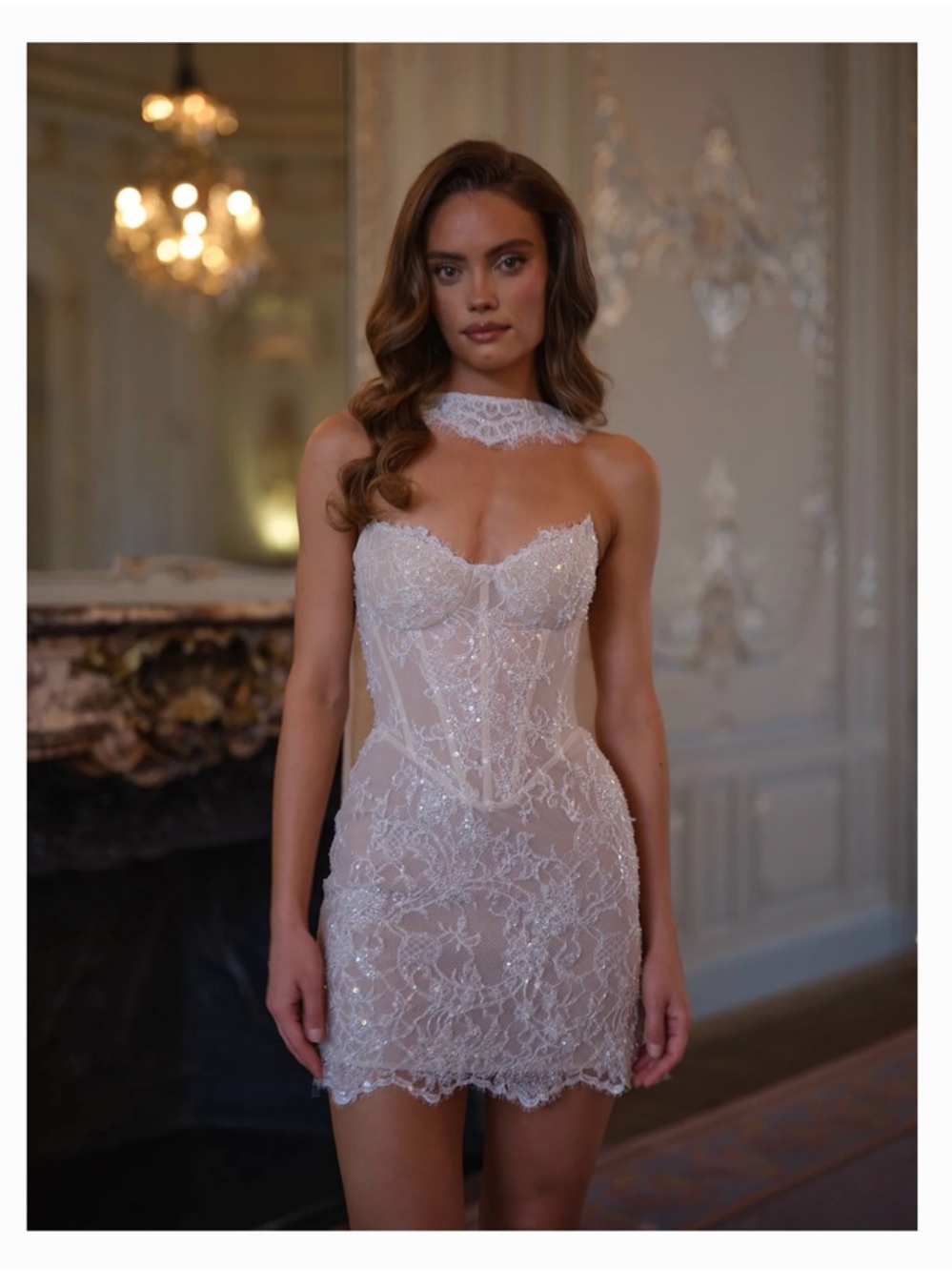 Lace Mini Dress with Choker Scarf - White